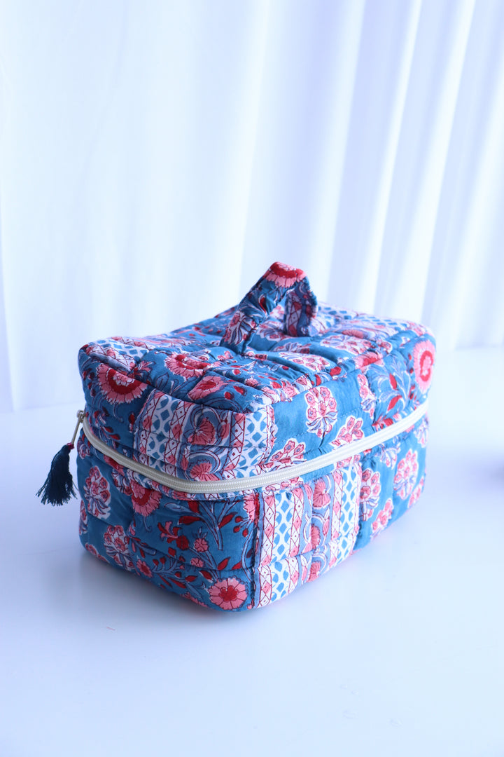 Patchwork Vanity Bag for Women - Hand block printed Vanity case - Blue