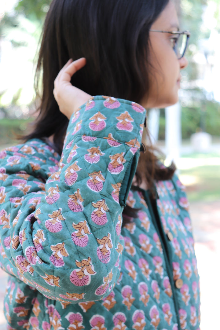 Block print Quilted Jackets - Cotton Jackets for women - Green Ditsy