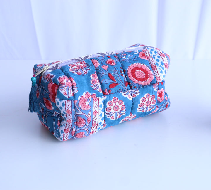 Patchwork Set of 2 makeup pouches - Block print Cosmetic bags- Blue