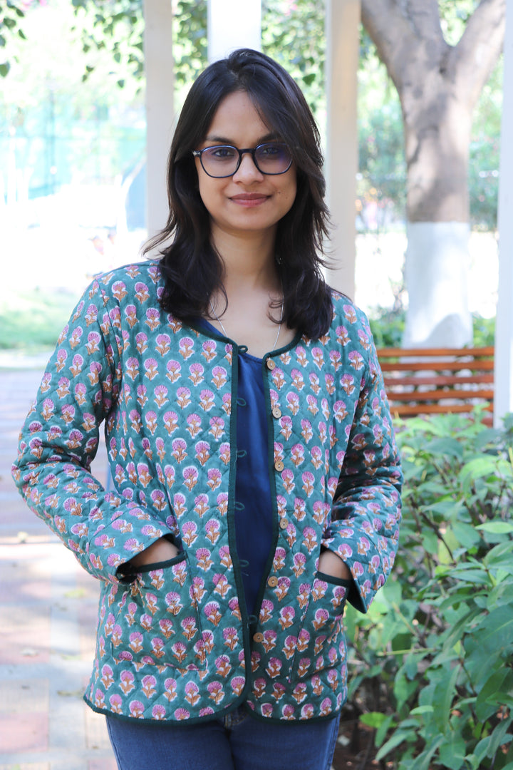 Block print Quilted Jackets - Cotton Jackets for women - Green Ditsy