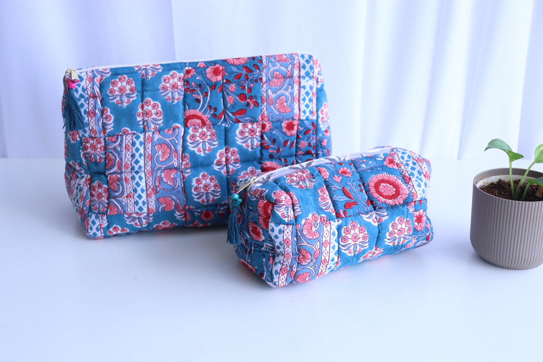 Patchwork Set of 2 makeup pouches - Block print Cosmetic bags- Blue