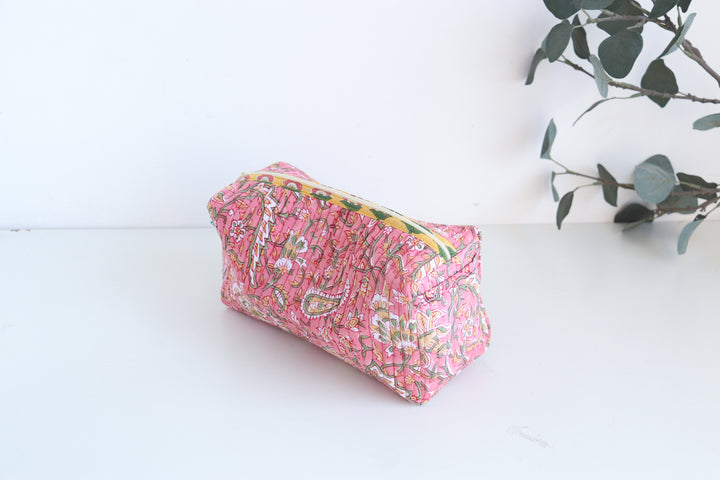 Medium Make up bag - Block Print bag - Peach floral