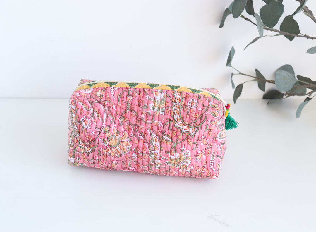 Medium Make up bag - Block Print bag - Peach floral