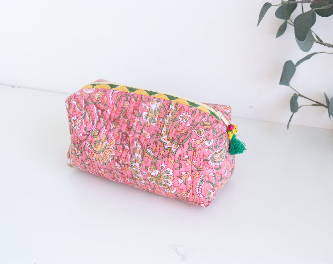 Medium Make up bag - Block Print bag - Peach floral