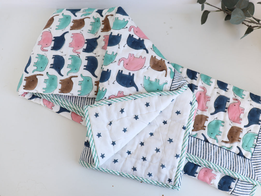 Kids Personalized Colourful Elephants block print quilt - Marching Jumbos