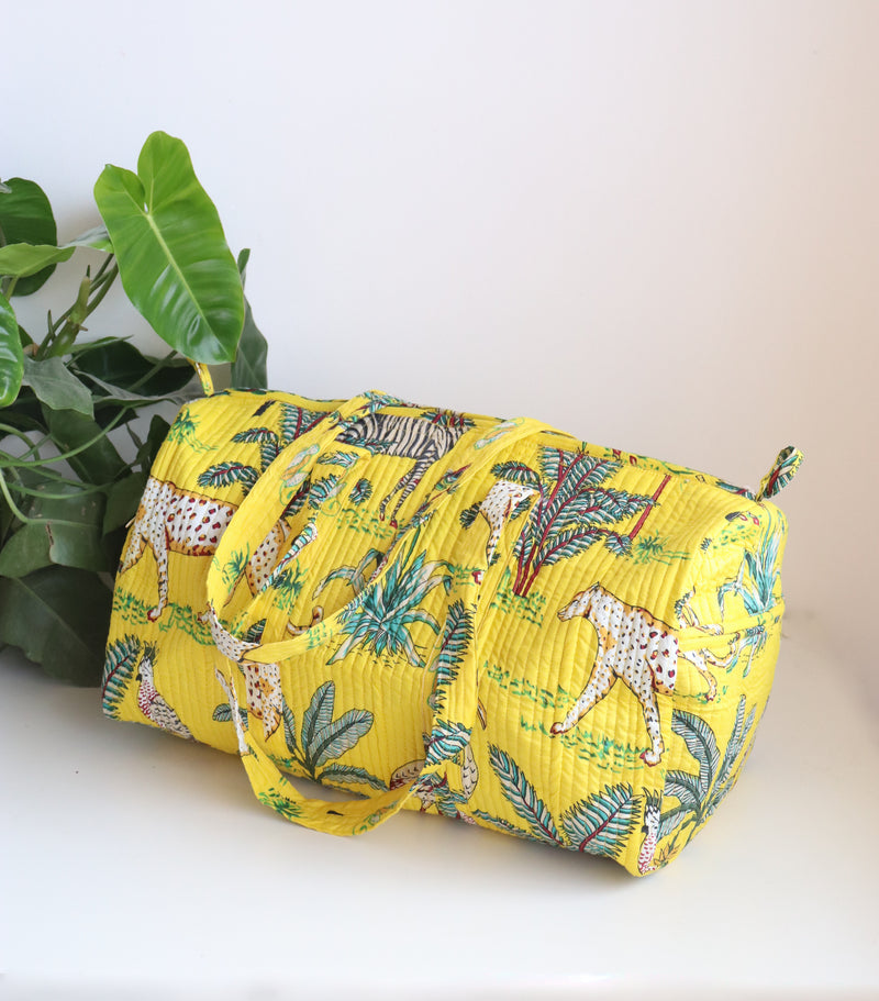 Yellow Safari print weekender bag - Boho quilted bags - Overnight duffle bags