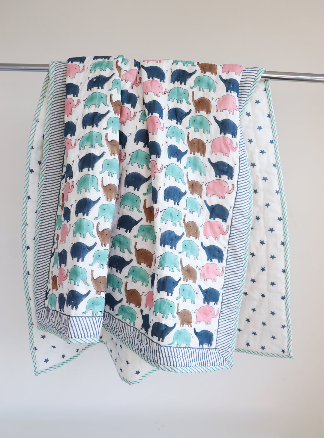 Kids Personalized Colourful Elephants block print quilt - Marching Jumbos