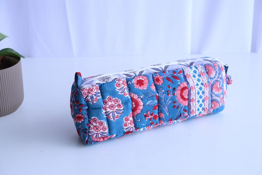 Patchwork Quilted round pencil cases - Block print pouches - Blue