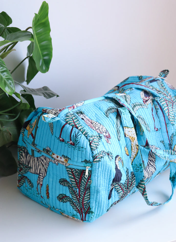 Turquoise Safari print weekender bag - Boho quilted bags - Overnight duffle bags