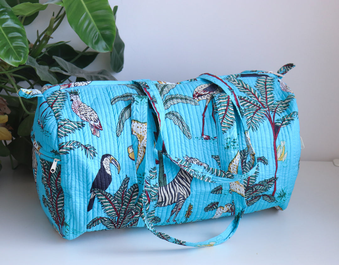 Turquoise Safari print weekender bag - Boho quilted bags - Overnight duffle bags