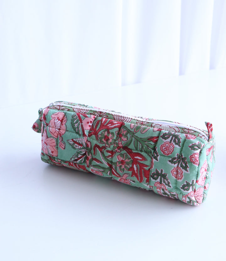 Patchwork Quilted round pencil cases - Block print pouches - Green