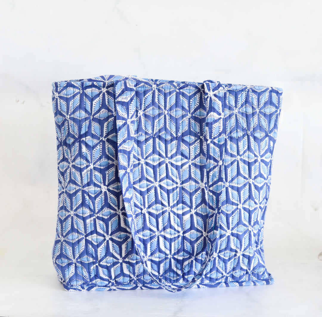 Block print tote bag - Boho quilted women's bags - Women's handbag - Blue Geo