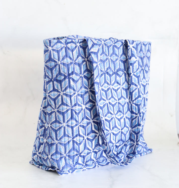 Block print tote bag - Boho quilted women's bags - Women's handbag - Blue Geo