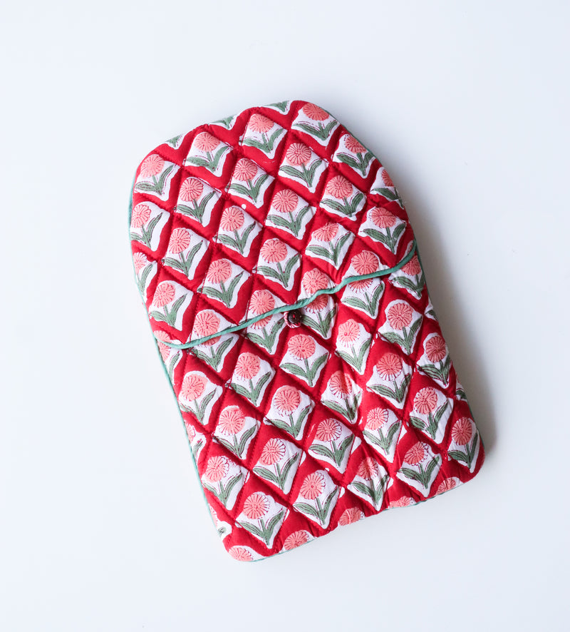 Quilted Hot Water Bag Covers - Block print hot water bottle covers - Red ditsy