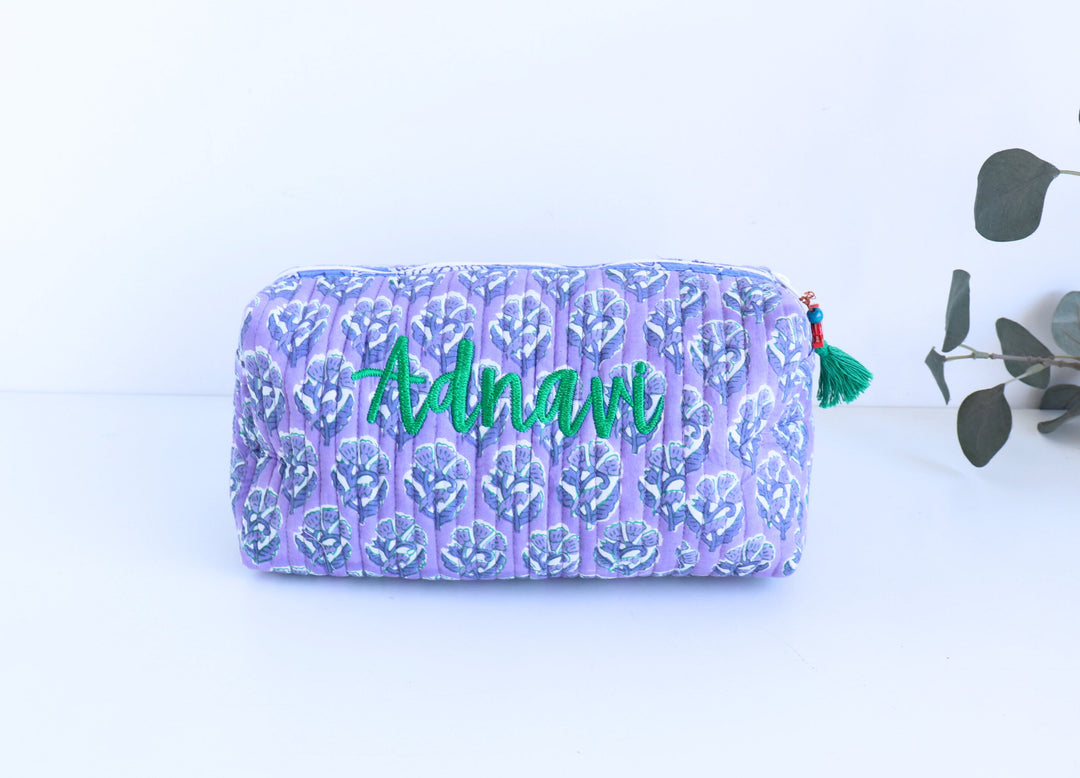 Sale - "Adnavi" Personalized Large Cosmetic bag - Makeup bag - Lilac - Makeup bag by Kari by Kriti