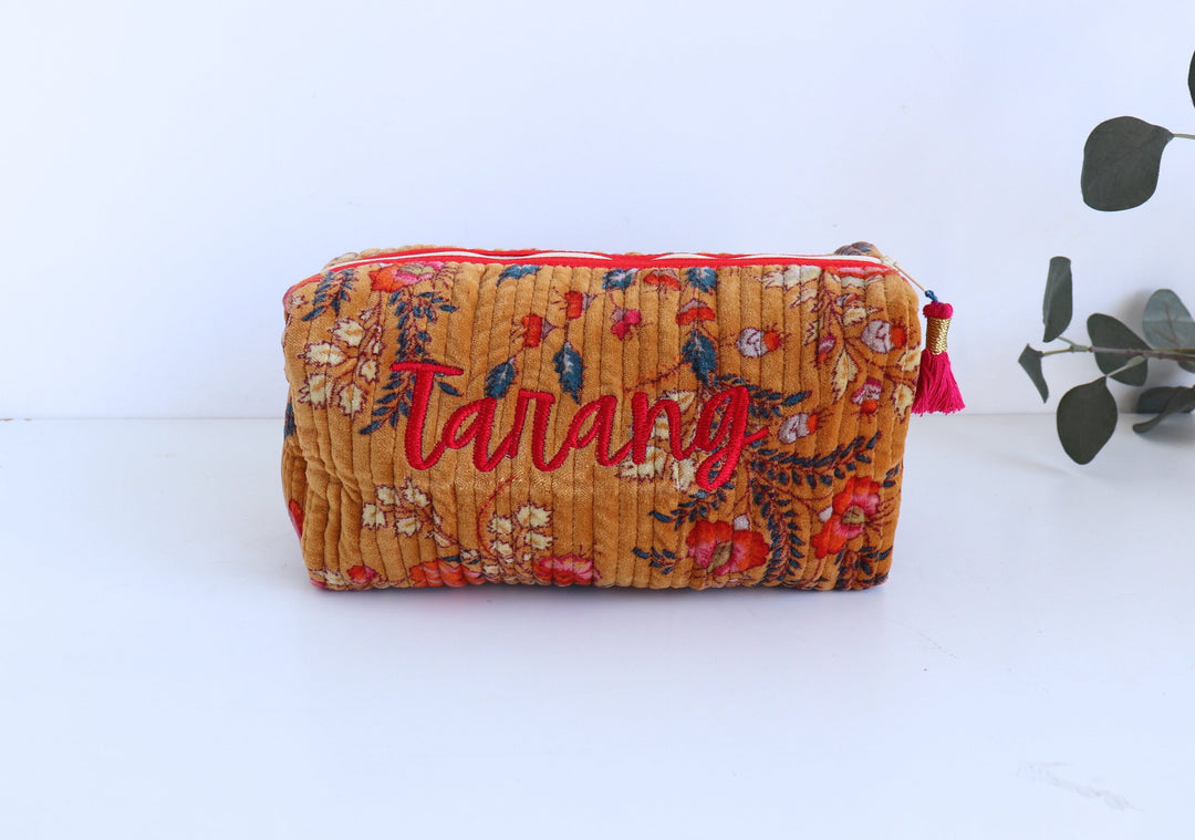 Sale - "Tarang" Personalized Large Cosmetic bag - Velvet Makeup bag - Gold