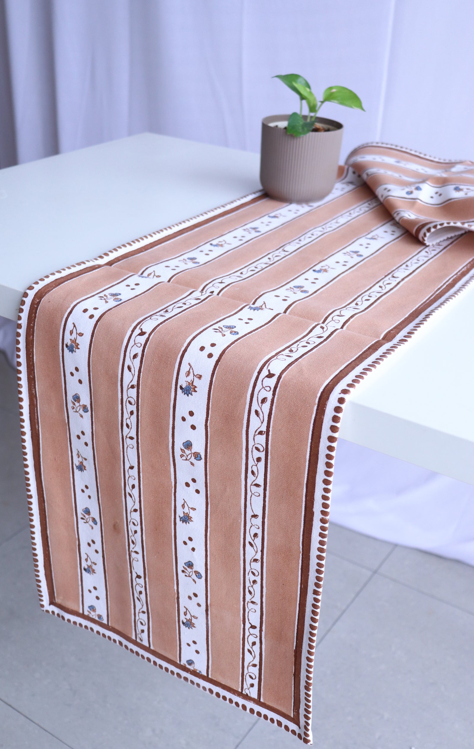 Mocha Mornings brown and blue block print cotton table runner, 13x72 inches, handmade by Kari by Kriti
