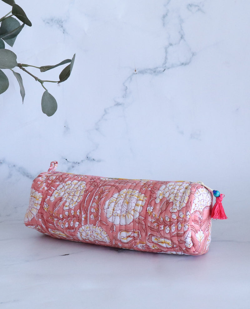 Quilted round pencil cases - Block print pouches - Peach