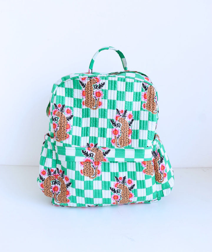 Personalized Kids Quilted back pack - Toddler back pack - Pink and Green Cheetahs