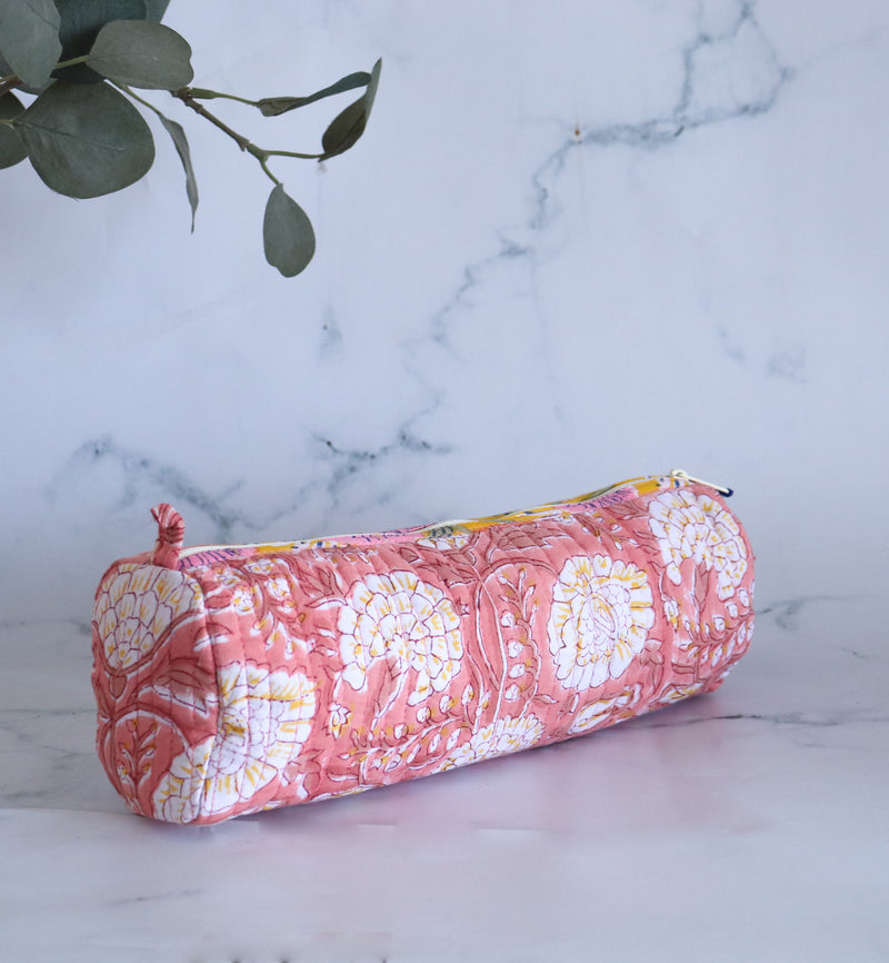 Quilted round pencil cases - Block print pouches - Peach
