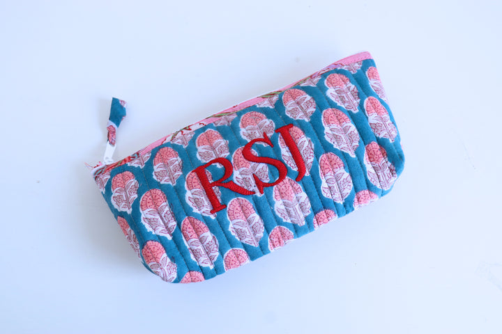 Personalized Block print pencil pouches - Quilted utility pouches with custom names