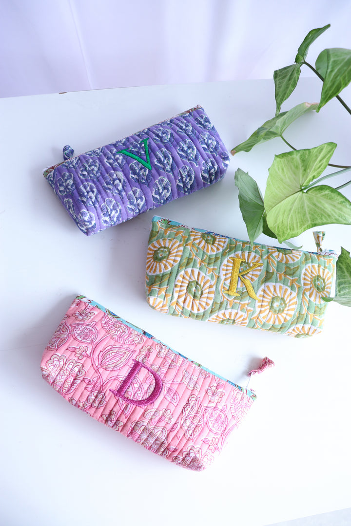 Personalized Block print pencil pouches - Quilted utility pouches with custom names