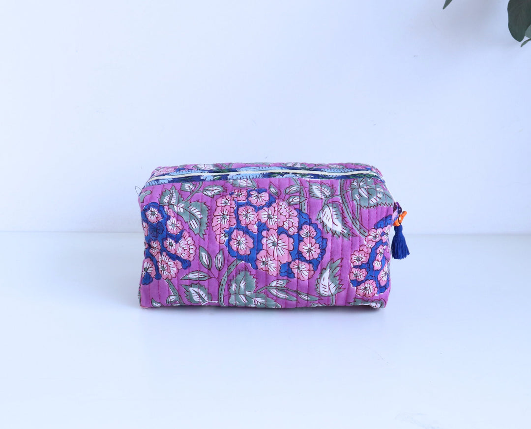 Medium Cosmetic bag - Makeup bag - Block print fabric travel pouch- Purple Hydrangeas