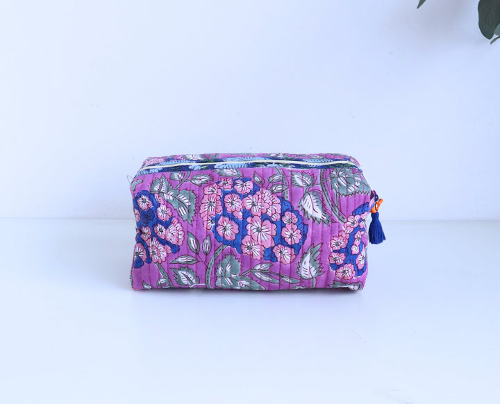 Medium Cosmetic bag - Makeup bag - Block print fabric travel pouch- Purple Hydrangeas
