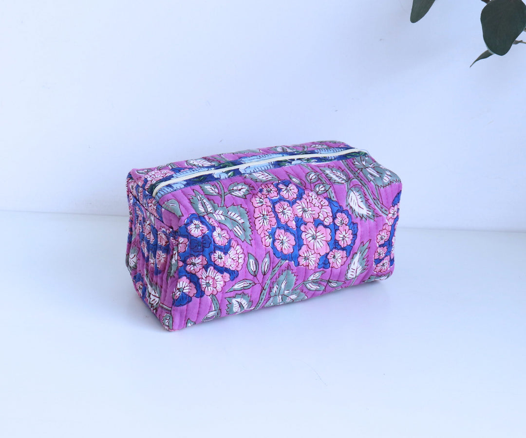 Medium Cosmetic bag - Makeup bag - Block print fabric travel pouch- Purple Hydrangeas