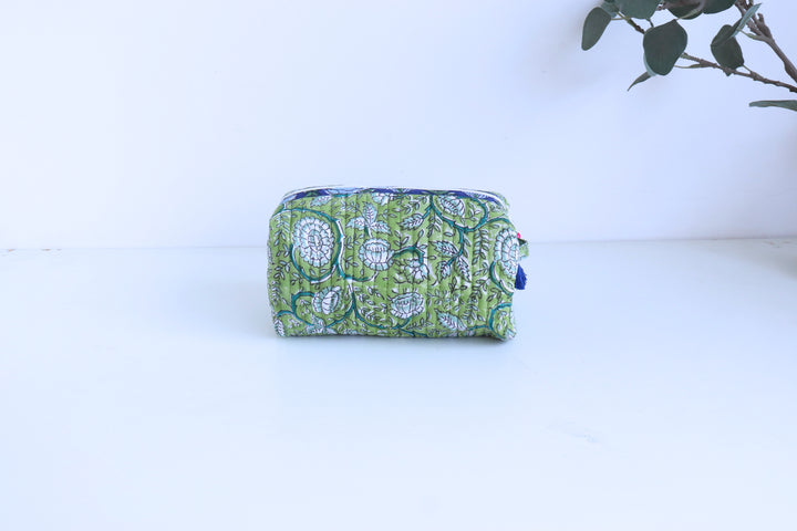 Medium Cosmetic bag - Makeup bag - Block print fabric travel pouch-  Green all over floral
