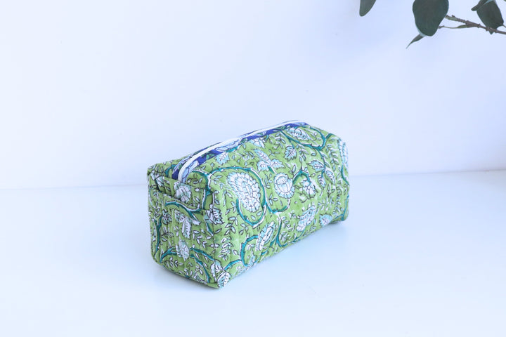 Medium Cosmetic bag - Makeup bag - Block print fabric travel pouch-  Green all over floral
