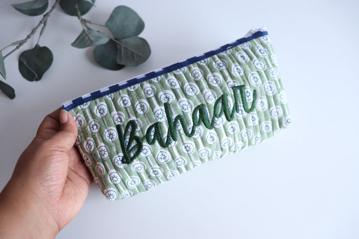 Personalized Block print pencil pouches - Quilted utility pouches with custom names
