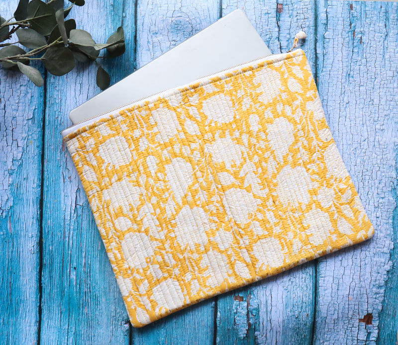 Block print Laptop sleeves - Quilted Laptop cover - 13 inch, 14 inch & 15 inch - Yellow