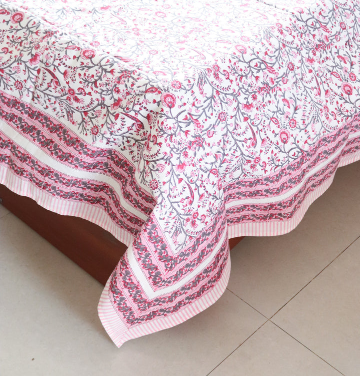Block print bed sheet and pillow cases - Pink floral bird bedsheet set-  King - 108x108 inches