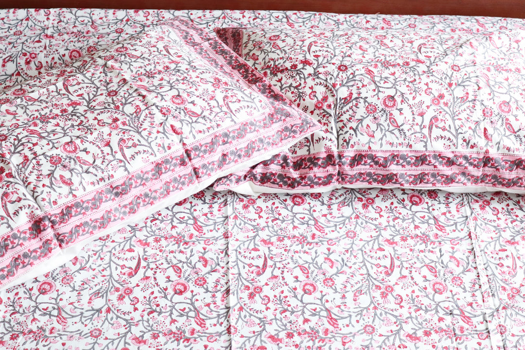Block print bed sheet and pillow cases - Pink floral bird bedsheet set-  King - 108x108 inches