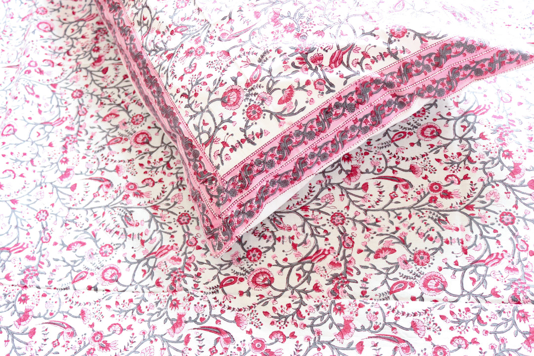 Block print bed sheet and pillow cases - Pink floral bird bedsheet set-  King - 108x108 inches