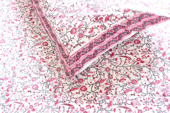 Block print bed sheet and pillow cases - Pink floral bird bedsheet set-  King - 108x108 inches