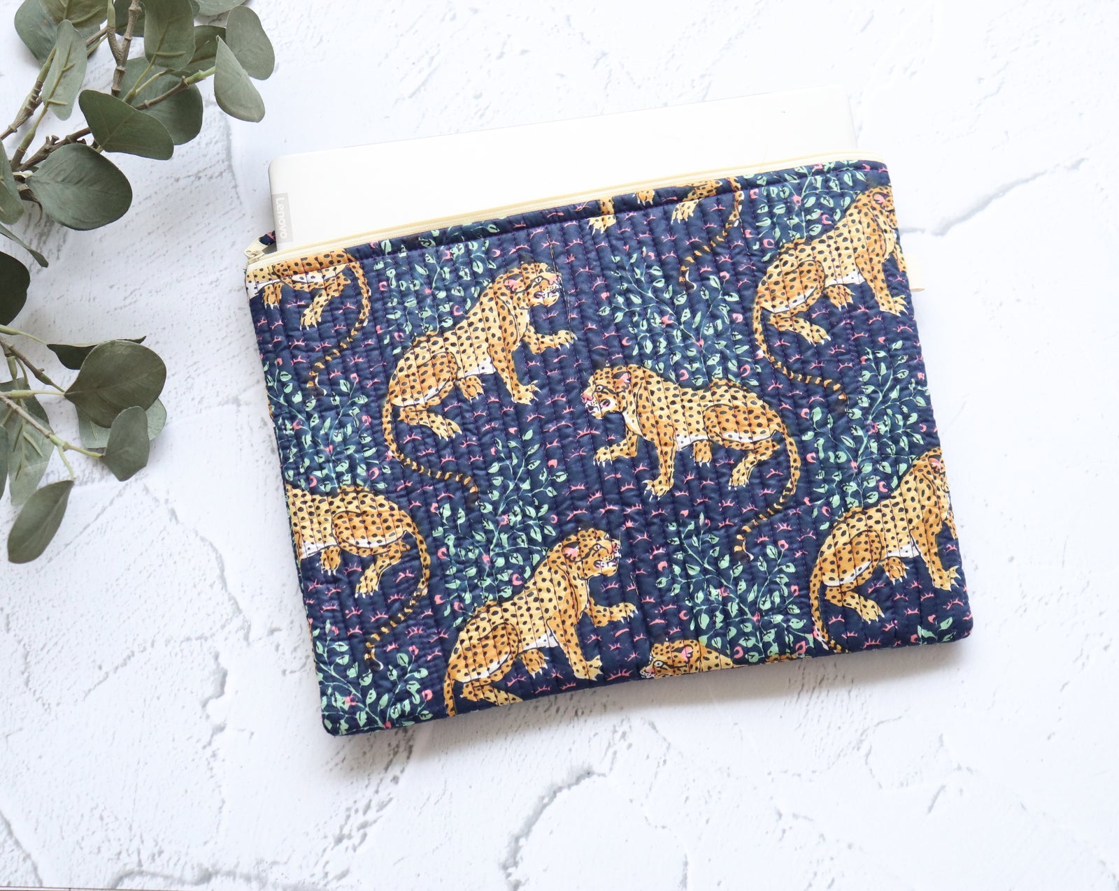 Dark blue cheetah safari block print quilted laptop sleeve, fits 13 to 15 inch laptops, by Kari by Kriti
