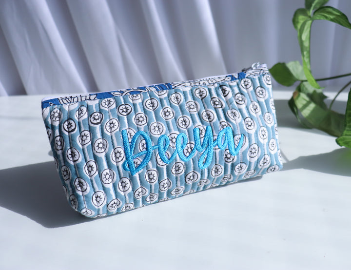 Personalized Block print pencil pouches - Quilted utility pouches with custom names