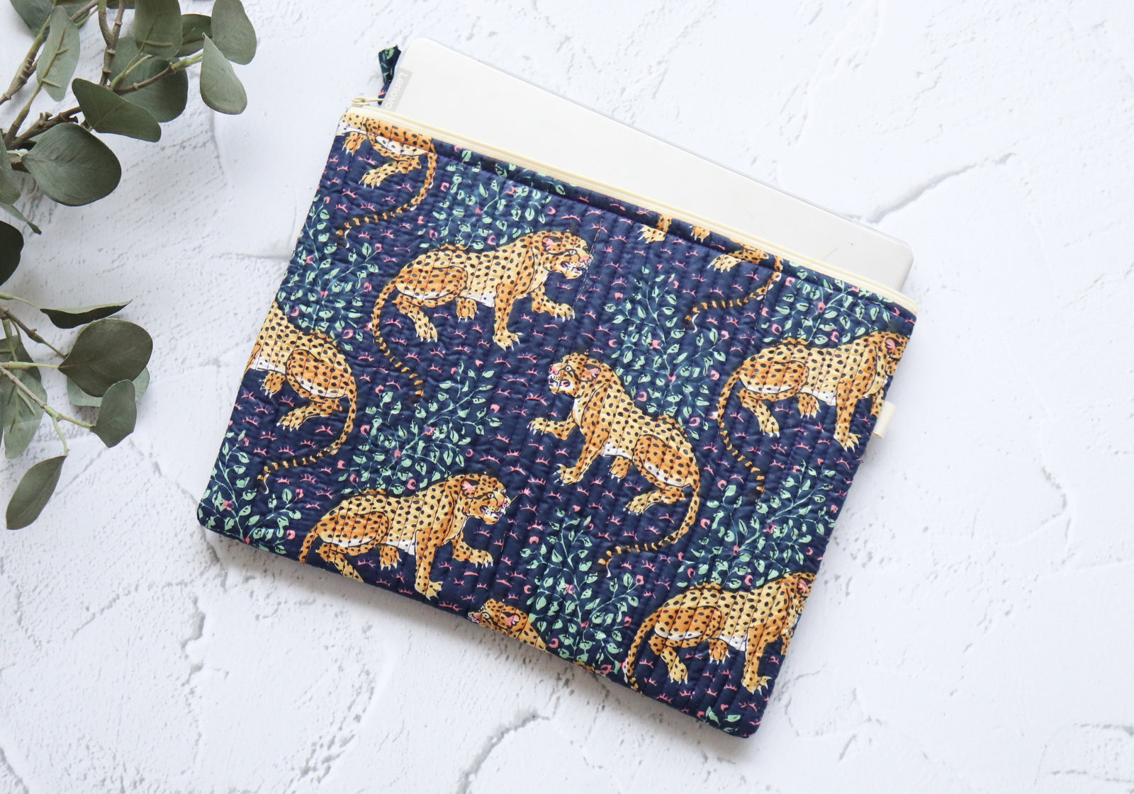 Dark blue cheetah safari block print quilted laptop sleeve, fits 13 to 15 inch laptops, by Kari by Kriti
