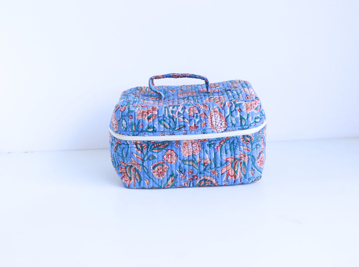 Handcrafted Vanity Bag for Women - Hand block printed Vanity case - Blue Floral