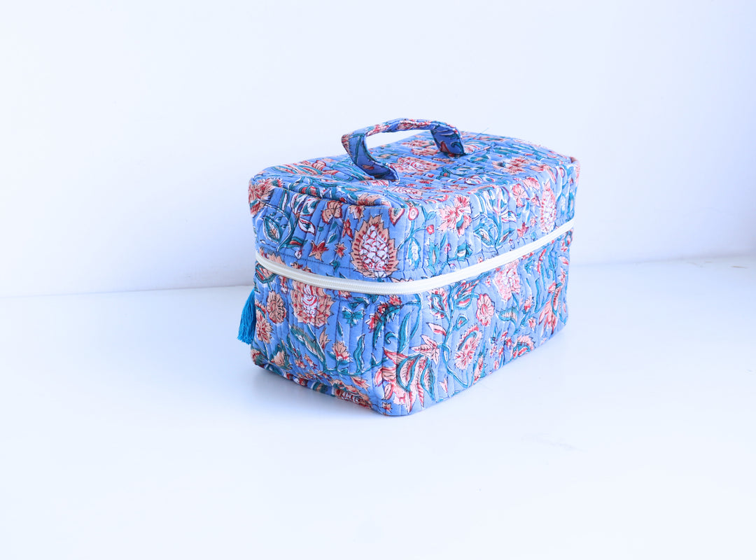 Handcrafted Vanity Bag for Women - Hand block printed Vanity case - Blue Floral