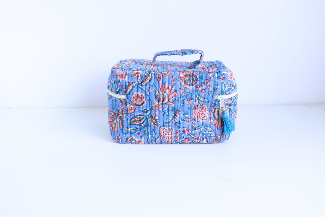Handcrafted Vanity Bag for Women - Hand block printed Vanity case - Blue Floral