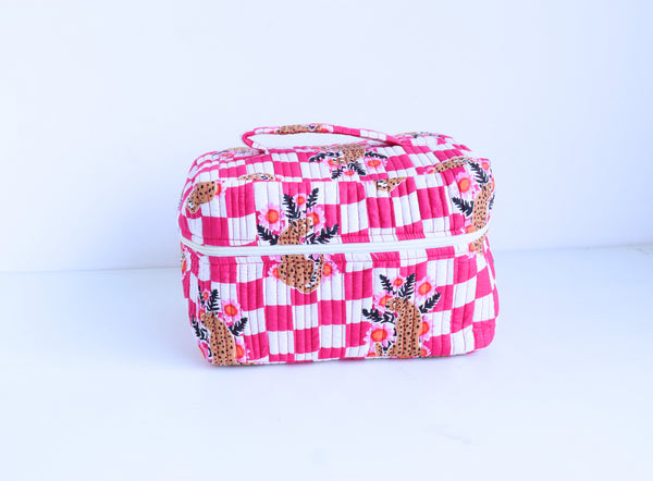 Pink cheetah block print vanity bag, handmade toiletry case for women by Kari by Kriti
