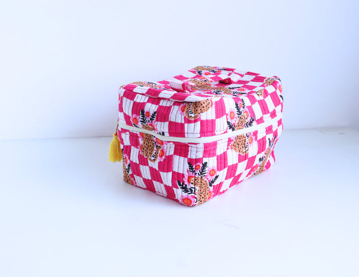 Handcrafted Vanity Bag for Women - Hand block printed Vanity case - Pink Happy cheetahs