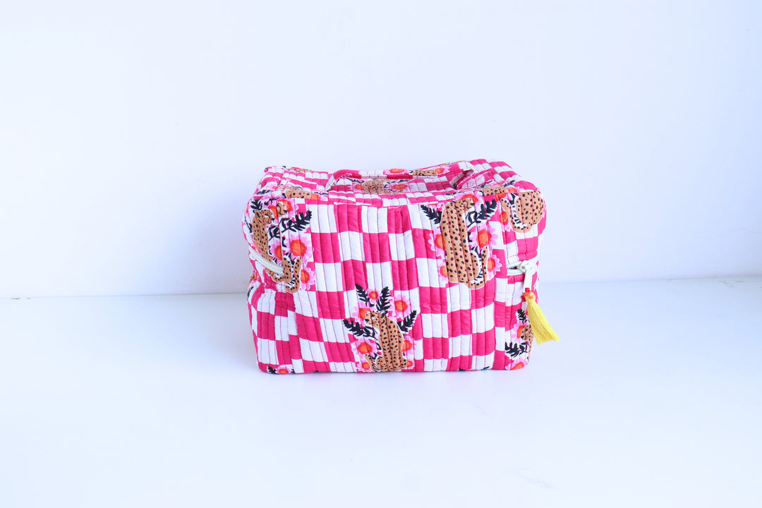 Handcrafted Vanity Bag for Women - Hand block printed Vanity case - Pink Happy cheetahs