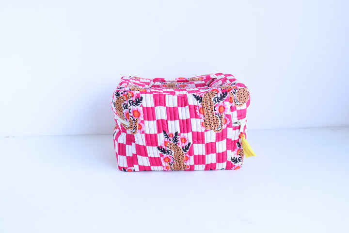 Handcrafted Vanity Bag for Women - Hand block printed Vanity case - Pink Happy cheetahs