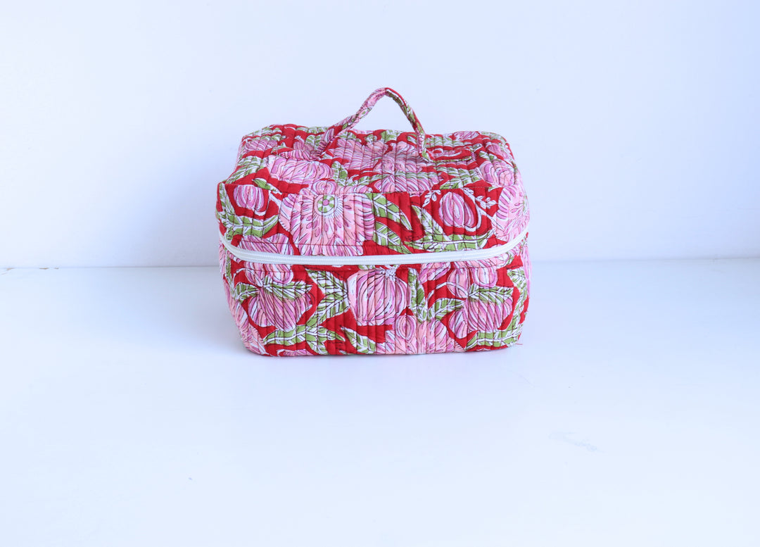 Handcrafted Vanity Bag for Women - Hand block printed Vanity case - Red floral