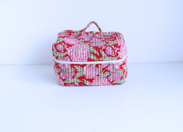 Handcrafted Vanity Bag for Women - Hand block printed Vanity case - Red floral