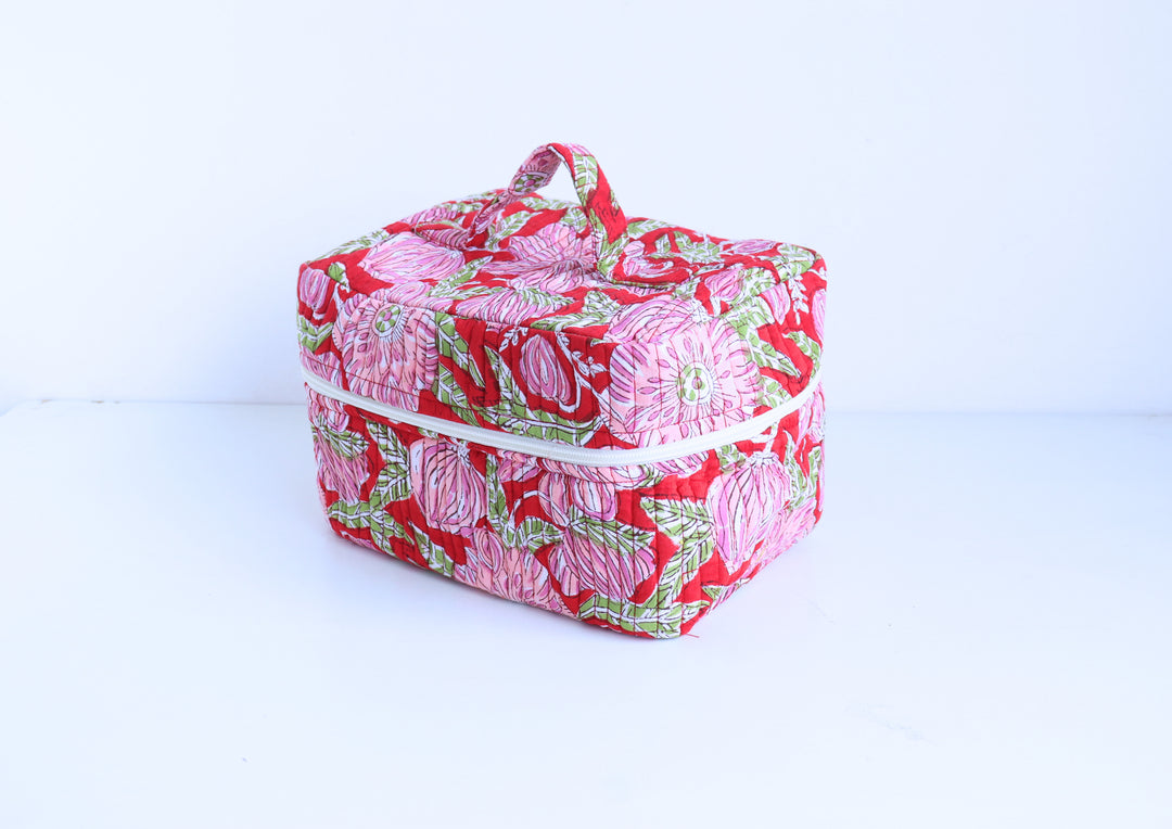 Handcrafted Vanity Bag for Women - Hand block printed Vanity case - Red floral